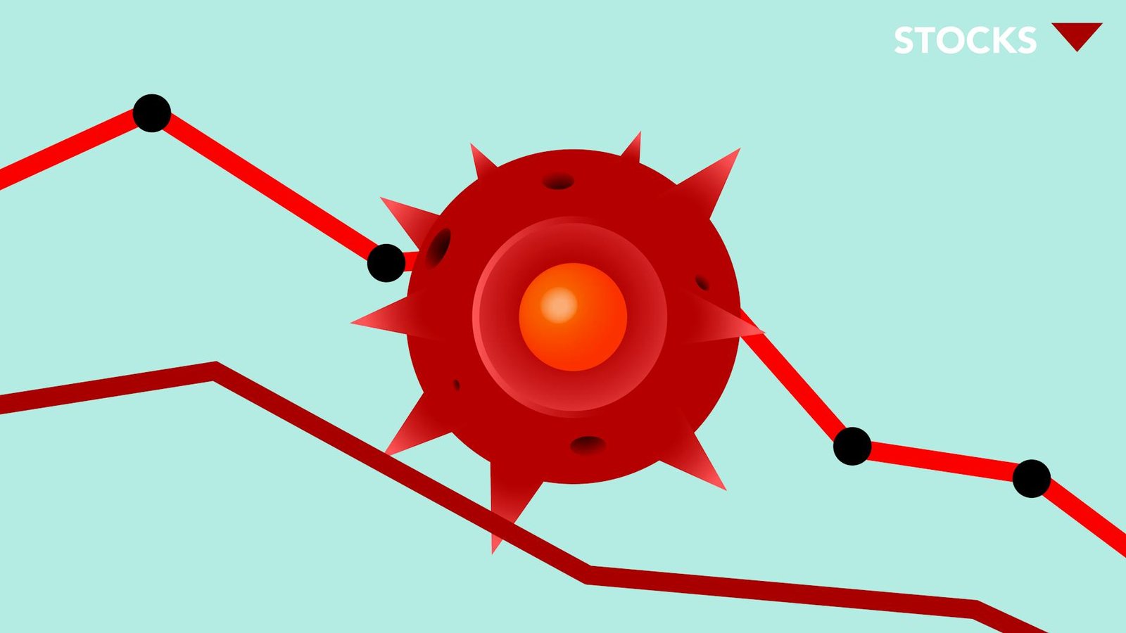 illustration of covid virus and recession line graph