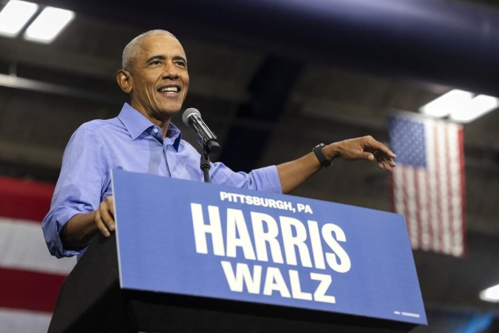 Former President Obama speaks during a campaign event for Kamala Harris in Pittsburgh on Thursday. (Ryan Collerd / AFP via Getty Images)