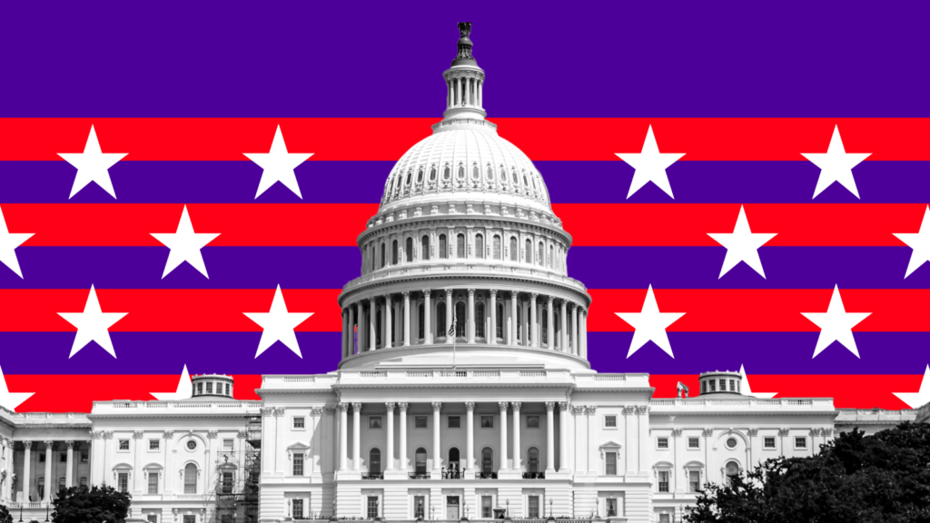 a white building with a flag behind it with United States Capitol in the background