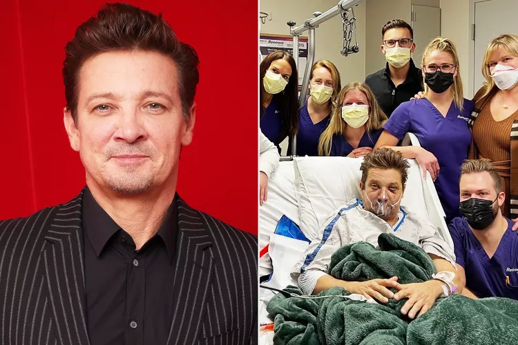 Jeremy Renner (left) and pictured in the hospital after his snowplow accident (right). Photo: Tristan Fewings/Getty; Jeremy Renner/Instagram
